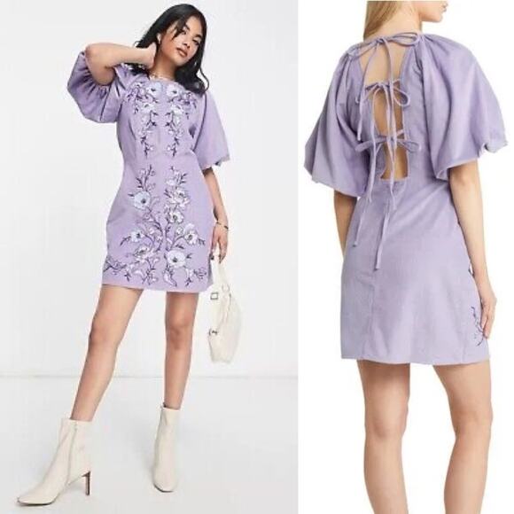 ASOS Floral Embroidered Dress in Lavender 8 - Picture 1 of 9